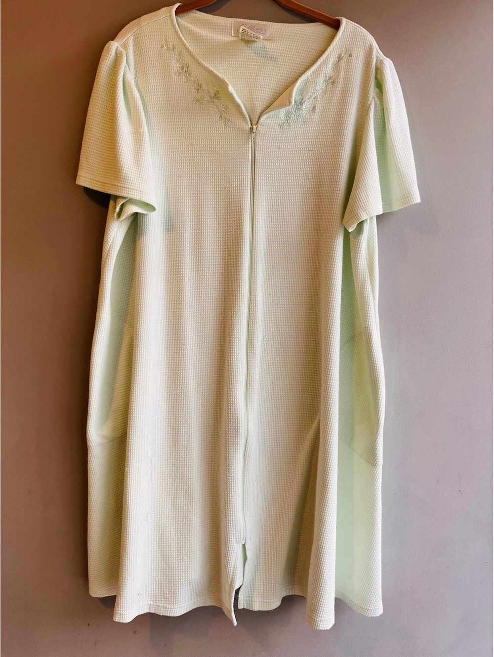Vintage Miss Elaine Mint Green Waffle Knit Zip Front Robe Housecoat L/XL Pockets